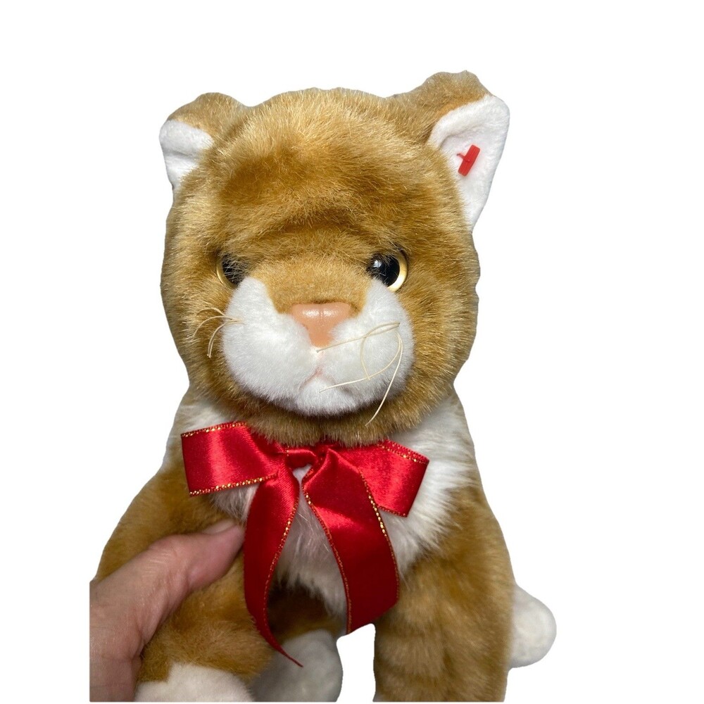 Vintage 2002 Ty Classics Kitty Orange Tabby White Paws Cat Plush Red Bow Sitting